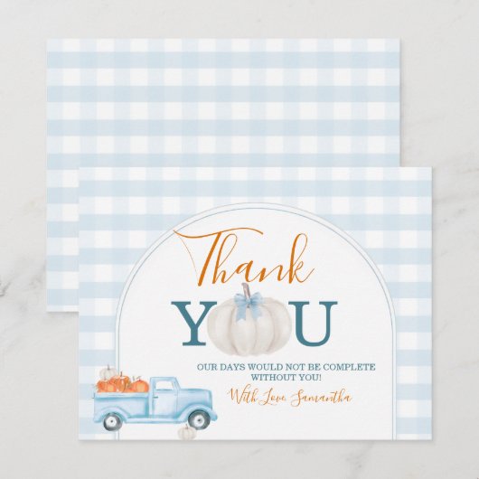 A Little Pumpkin Blue Truck Gingham Baby Shower Bedankkaart (Voorkant / Achterkant)