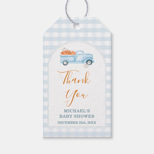 A Little Pumpkin Blue Truck Gingham Baby Shower Cadeaulabel (Voorkant)