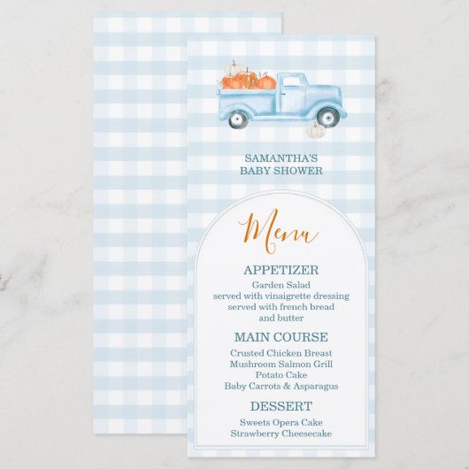 A Little Pumpkin Blue Truck Gingham Baby Shower Menu (Voorkant / Achterkant)