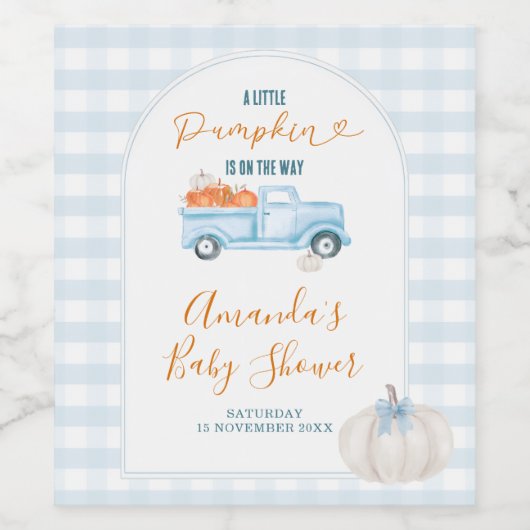 A Little Pumpkin Blue Truck Gingham Baby Shower Wijn Etiket (Enkel label)