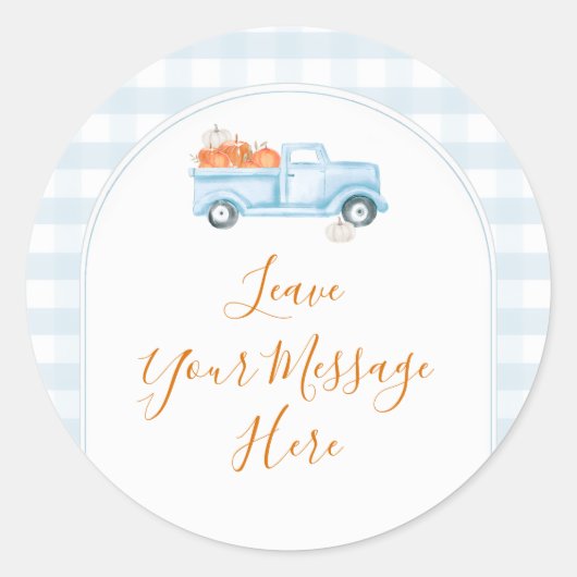 A Little Pumpkin Blue Truck Gingham Your Message Ronde Sticker (Voorkant)