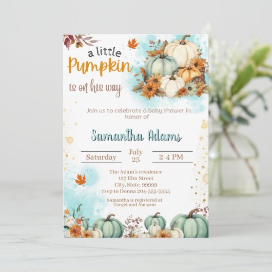 A Little Pumpkin is op weg naar het Baby shower Kaart (Staand voorkant)