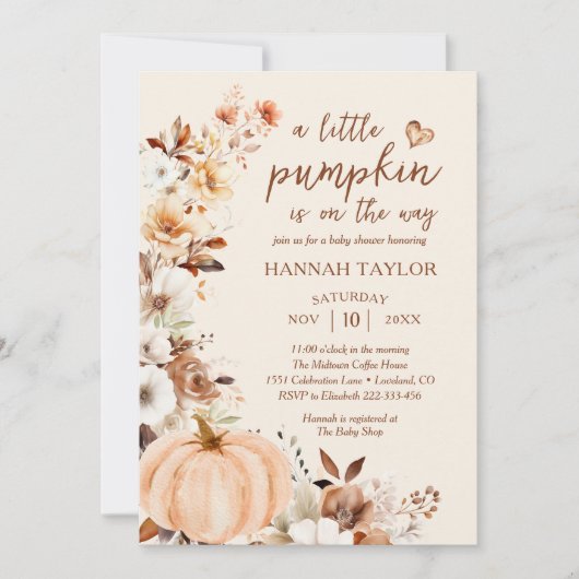 A Little Pumpkin QR Code Fall Floral Baby Shower Kaart (Voorkant)