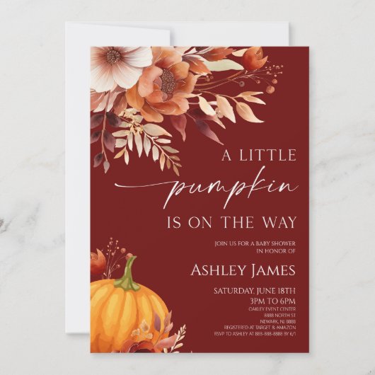 A Little Pumpkin Rusty Burgundy Floral Baby Shower Kaart (Voorkant)