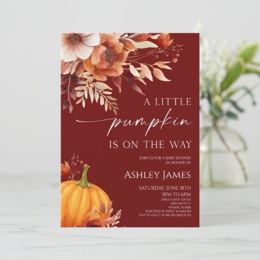 A Little Pumpkin Rusty Burgundy Floral Baby Shower Kaart (Staand voorkant)