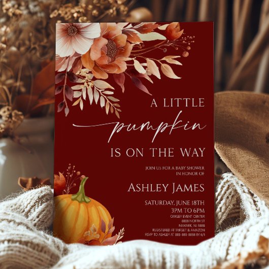 A Little Pumpkin Rusty Burgundy Floral Baby Shower Kaart