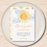 A Little Ray of Sunshine Clouds Baby Shower Bedankkaart<br><div class="desc">Are you planning a sun-themed baby shower? This cute sunshine baby shower thank you card features the text "A little ray of sunshine is almost here!" with a watercolor smiling yellow sun and clouds. The back is decorated with a sun pattern. Perfect for a gender-neutral baby shower. Easily customizable. Original...</div>