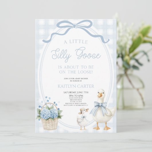 A Little Silly Goose Blue Bow Floral Baby Shower Kaart (Staand voorkant)