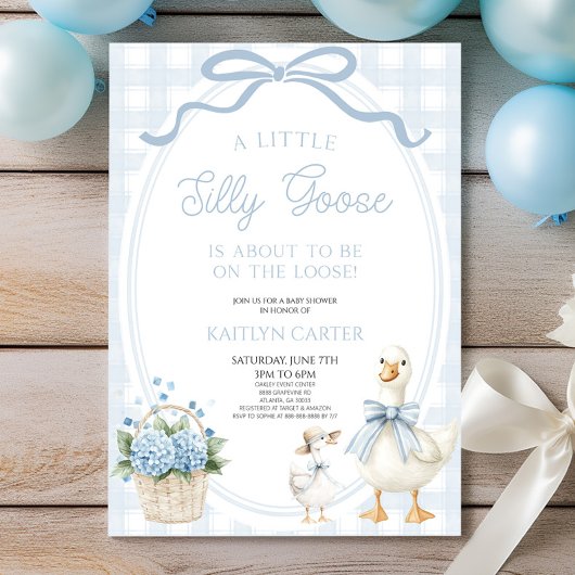 A Little Silly Goose Blue Bow Floral Baby Shower Kaart