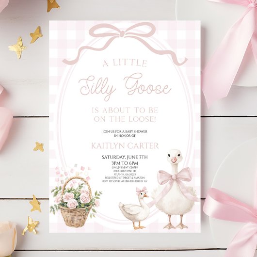 A Little Silly Goose Pink Bow Floral Baby Shower Kaart