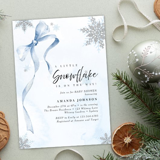 A little Snowflake Blue Bow Glitter Baby Shower Kaart