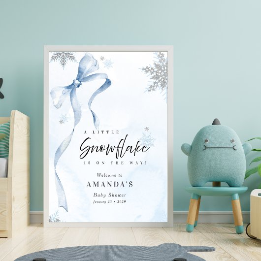 A little Snowflake Blue Bow Glitter Baby Shower Poster