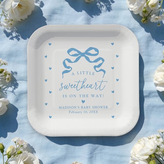 A Little Sweetheart Blue Bow Baby Shower Papieren Bordje