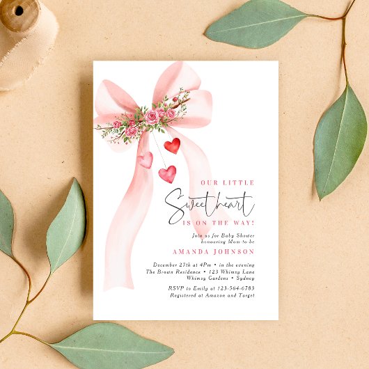 A little Sweetheart Pink bow Valentine Baby shower Kaart