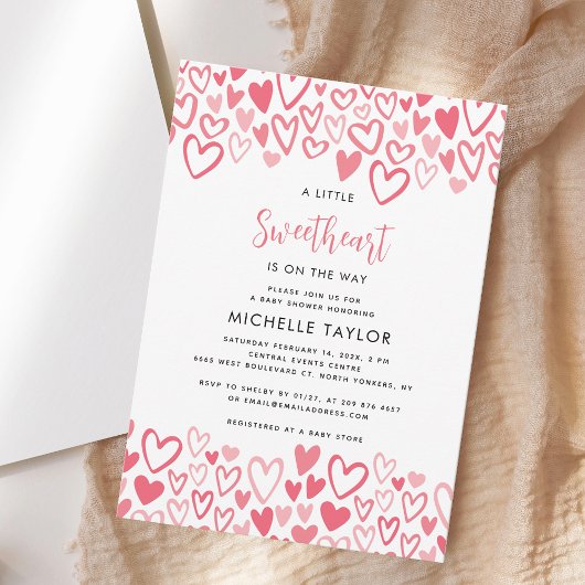 A Little Sweetheart Pink Hearts Script Baby shower Kaart