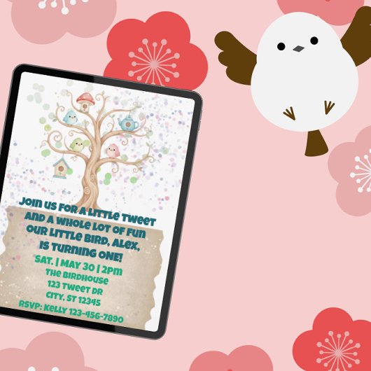 A Little Tweet, Birds Watercolor 1st Birthday Kaart