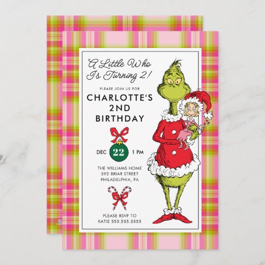 "A Little Who Is Turning 2!" Grinch Birthday Feestdagenkaart (Voorkant / Achterkant)