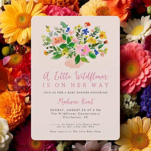 A Little Wildflower Pink Girl Baby Shower Kaart