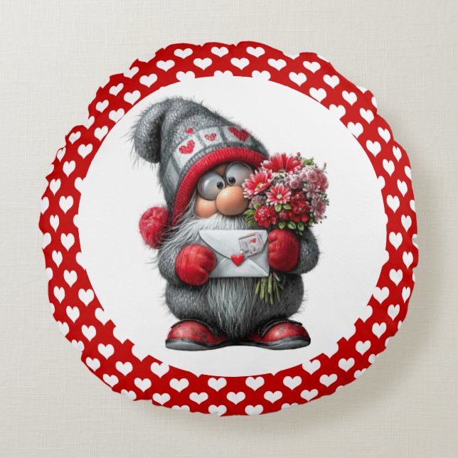 "A Love Note for You" Valentine Gnome Rond Kussen (Voorkant)