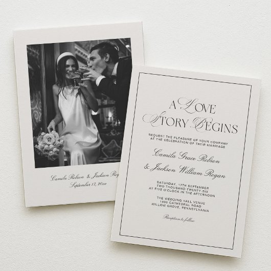 A Love Story Old Money Black and Ivory Wedding Kaart