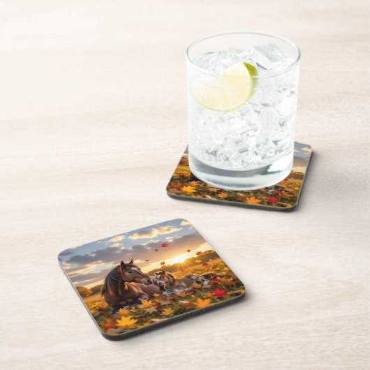 A Mama Horse and her Foal in Autumn Bier Onderzetter (Rechterzijde)