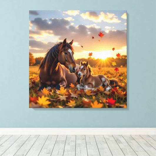 A Mama Horse and her Foal in Autumn Canvas Afdruk (Insitu (Houten vloer))