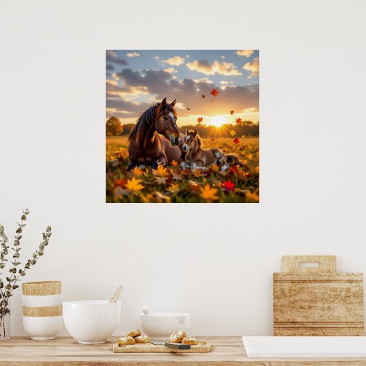 A Mama Horse and her Foal in Autumn Poster (Keuken)