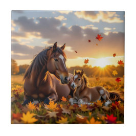 A Mama Horse and her Foal in Autumn Tegeltje
