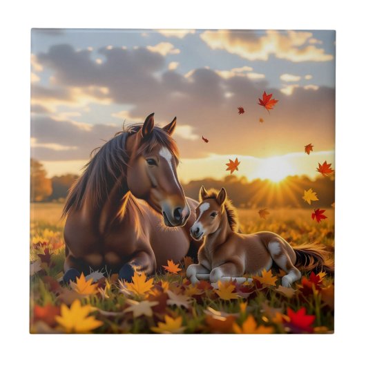 A Mama Horse and her Foal in Autumn Tegeltje (Voorkant)