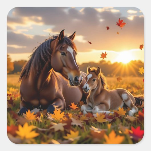 A Mama Horse and her Foal in Autumn Vierkante Sticker (Voorkant)