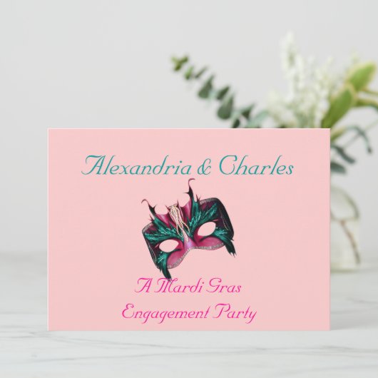 "A Mardi Gras Engagement Party" - Turquoise/Pink Kaart (Staand voorkant)