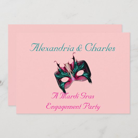 "A Mardi Gras Engagement Party" - Turquoise/Pink Kaart (Voorkant / Achterkant)