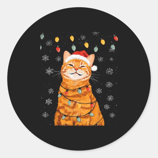 A Merry Christmas Lights Snowflake Ginger Cat Oran Ronde Sticker (Voorkant)