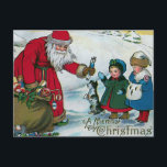 "A Merry Christmas" Vintage Feestdagenkaart<br><div class="desc">Classic Christmas vintage image of Santa Claus with a huge sack of toys giving gifts to two small children while a little dog looks on. The whole scene is set in a snowy landscape. The card message is A Merry Christmas.</div>