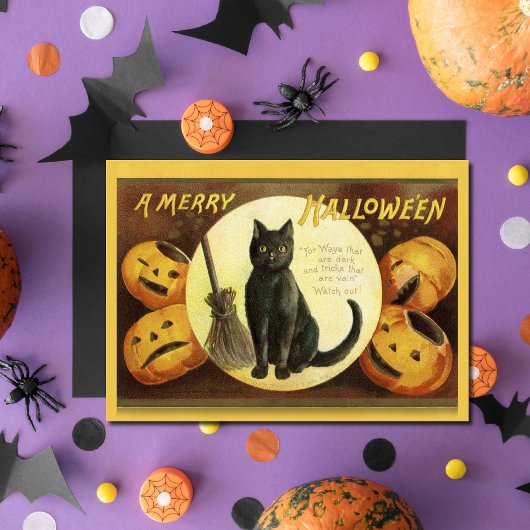  A Merry Halloween Black Cat Broom Feestdagenkaart