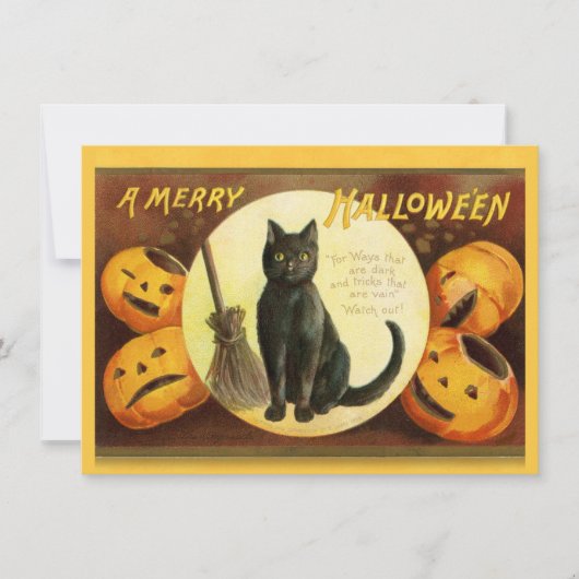  A Merry Halloween Black Cat Broom Feestdagenkaart (Voorkant)