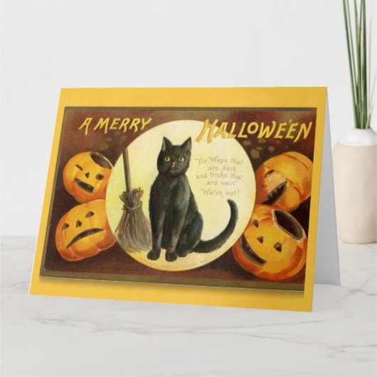  A Merry Halloween Black Cat Broom Kaart (Voorkant)