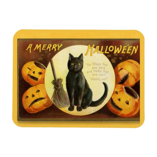 A Merry Halloween Black Cat Broom Magneet (Horizontaal)