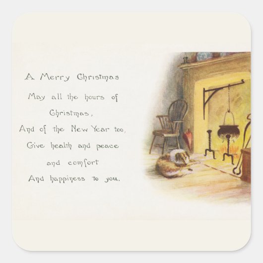  A Merry Kerstgedicht Dog en Fireplace Vierkante Sticker (Voorkant)