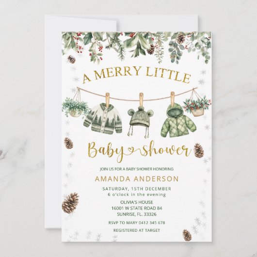 A Merry Little Christmas clothlines Baby Shower Kaart (Voorkant)