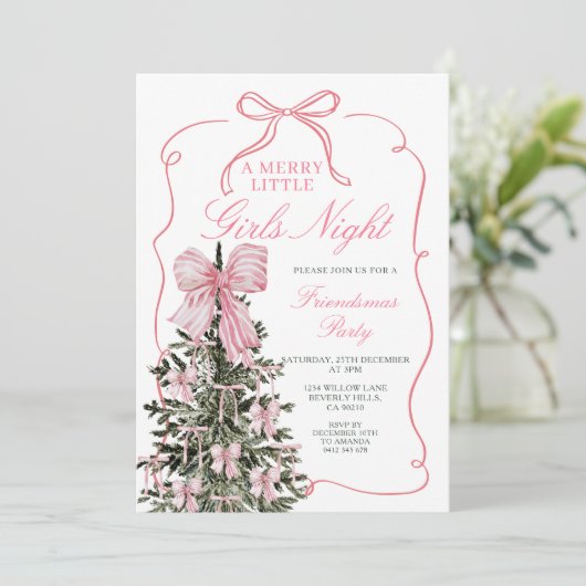 A Merry Little Girls Night Pink Bow Christmas Tree Kaart (Staand voorkant)