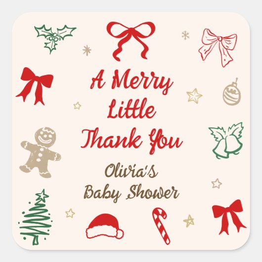 A Merry Little Thank You Christmas Baby Shower Vierkante Sticker (Voorkant)