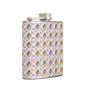 A metal flask is shown with a vibrant geometric  heupfles (Rechts)