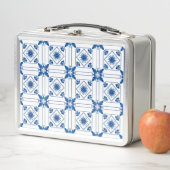 A metal lunchbox featuring a blue and white (In situ)
