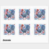 A metaphorical chicken image with a blue and white vierkante sticker (Vel)