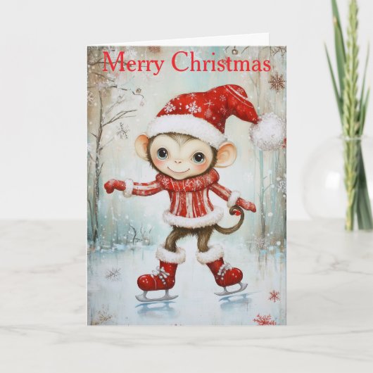 A Monkey Ice Skating Feestdagen Kaart (Voorkant)