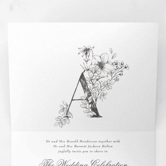 'A' Monogram mooi geborsteld Floral Wedding Drieluik Uitnodiging (Binnenzijde eerst)