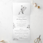 'A' Monogram mooi geborsteld Floral Wedding Drieluik Uitnodiging (Binnen)
