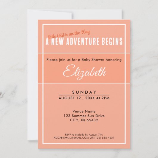 A New Adventure Begins Peach Babyshower Invitation Kaart (Voorkant)
