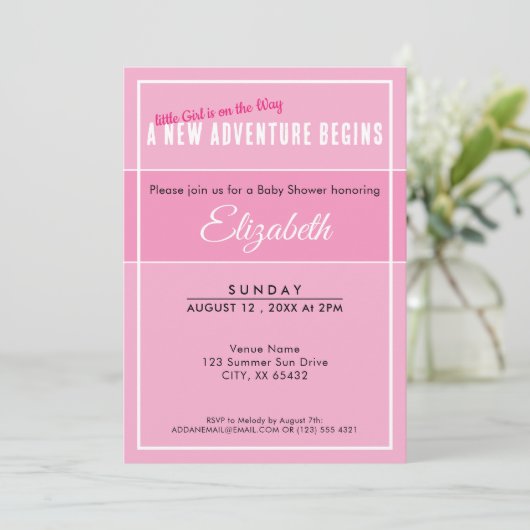A New Adventure Begins Pink Babyshower Invitation Kaart (Staand voorkant)